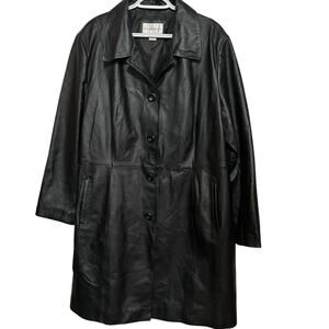Worthington Women's Black Long Leather Jacket Button Front Side Pockets Size 2X